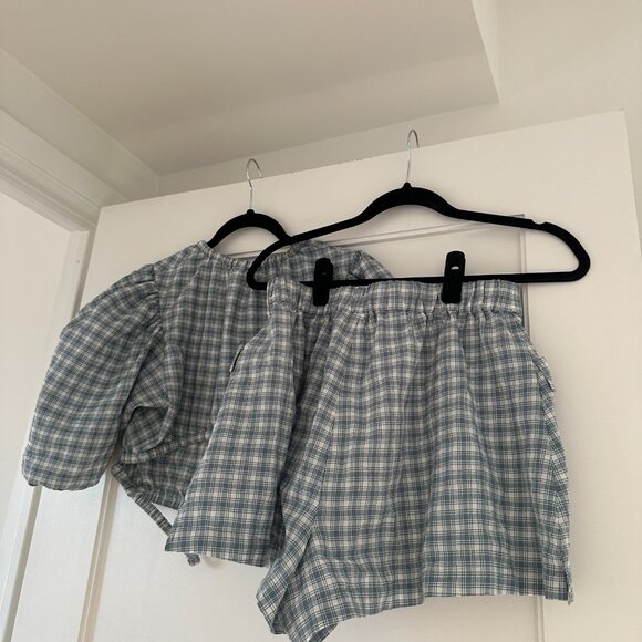 Jonathan Simkhai Co-Ords Two-Piece Set Plaid Puff Sleeves Crop Top & Shorts - Picture 12 of 13